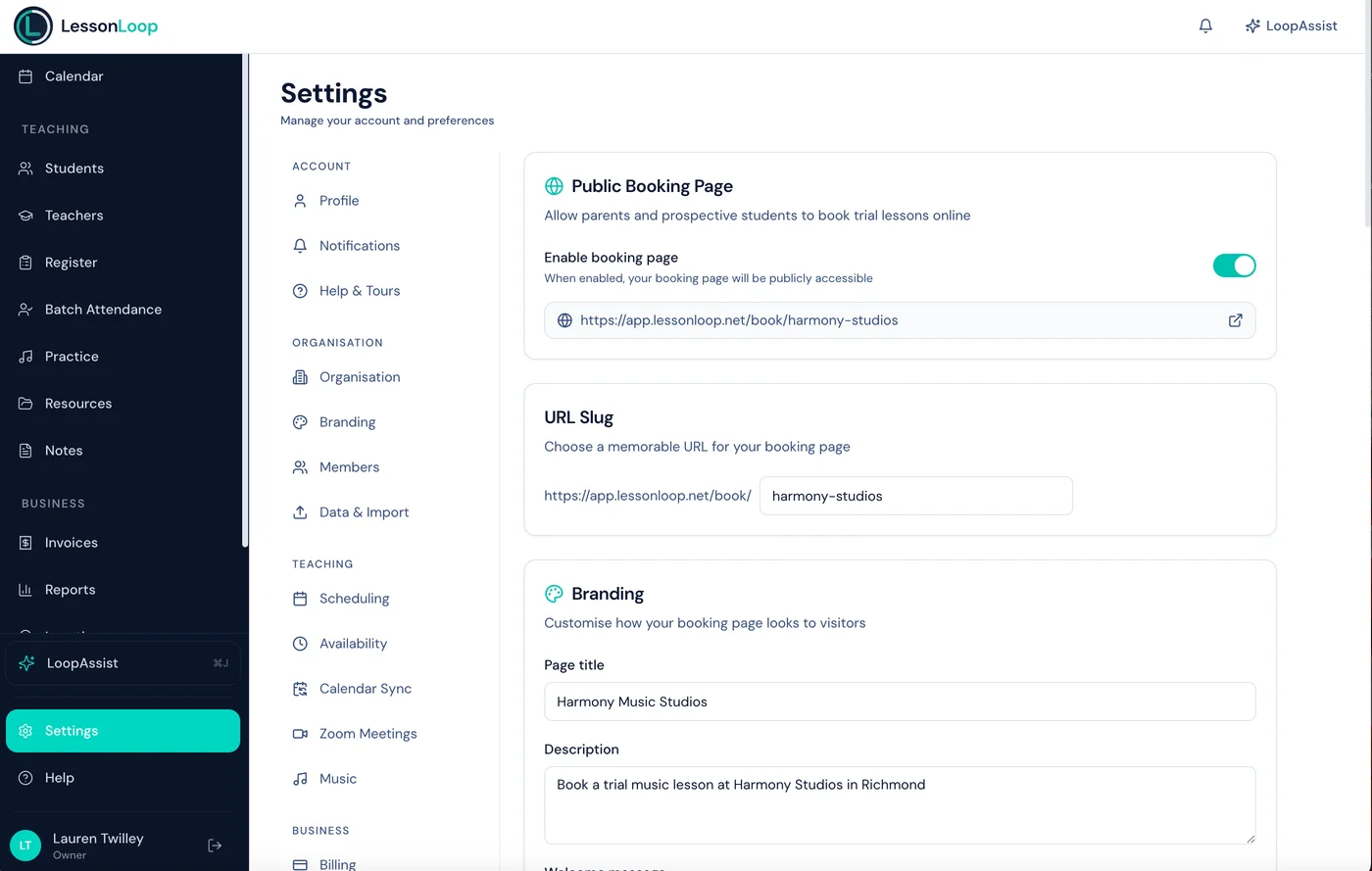 Booking page settings with custom URL slug, branding, and enable toggle