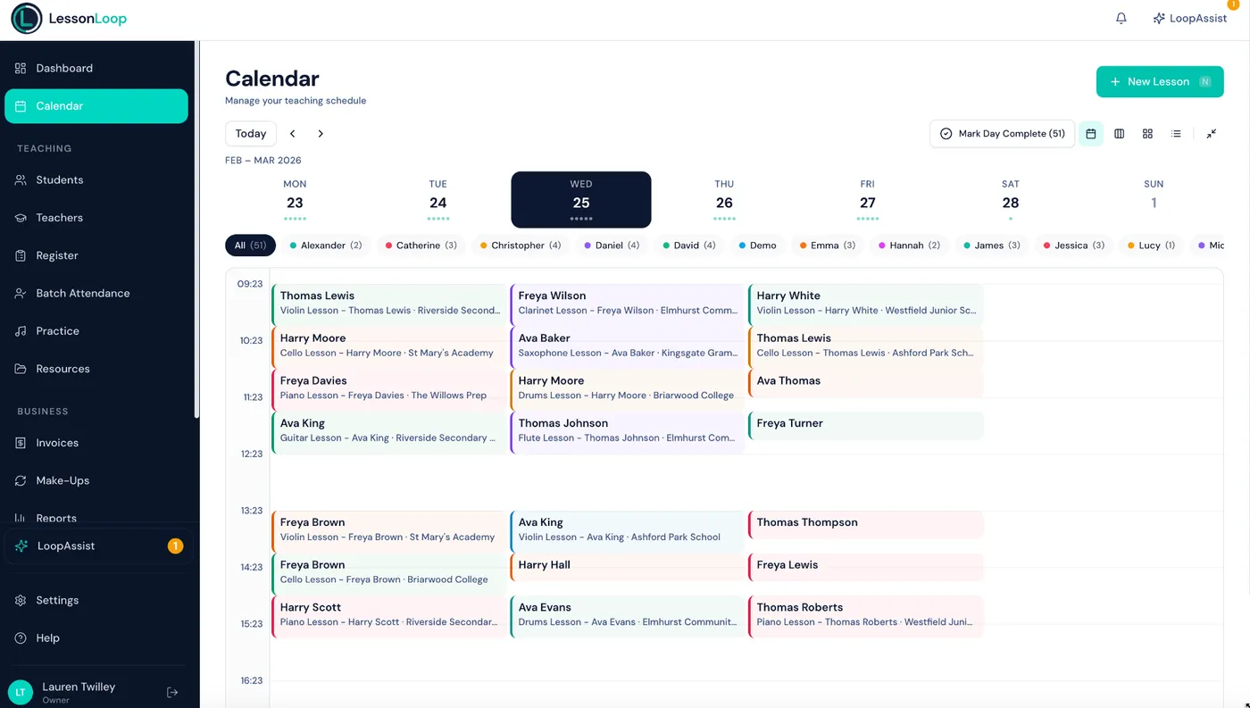 Weekly calendar view with colour-coded lessons and teacher filters