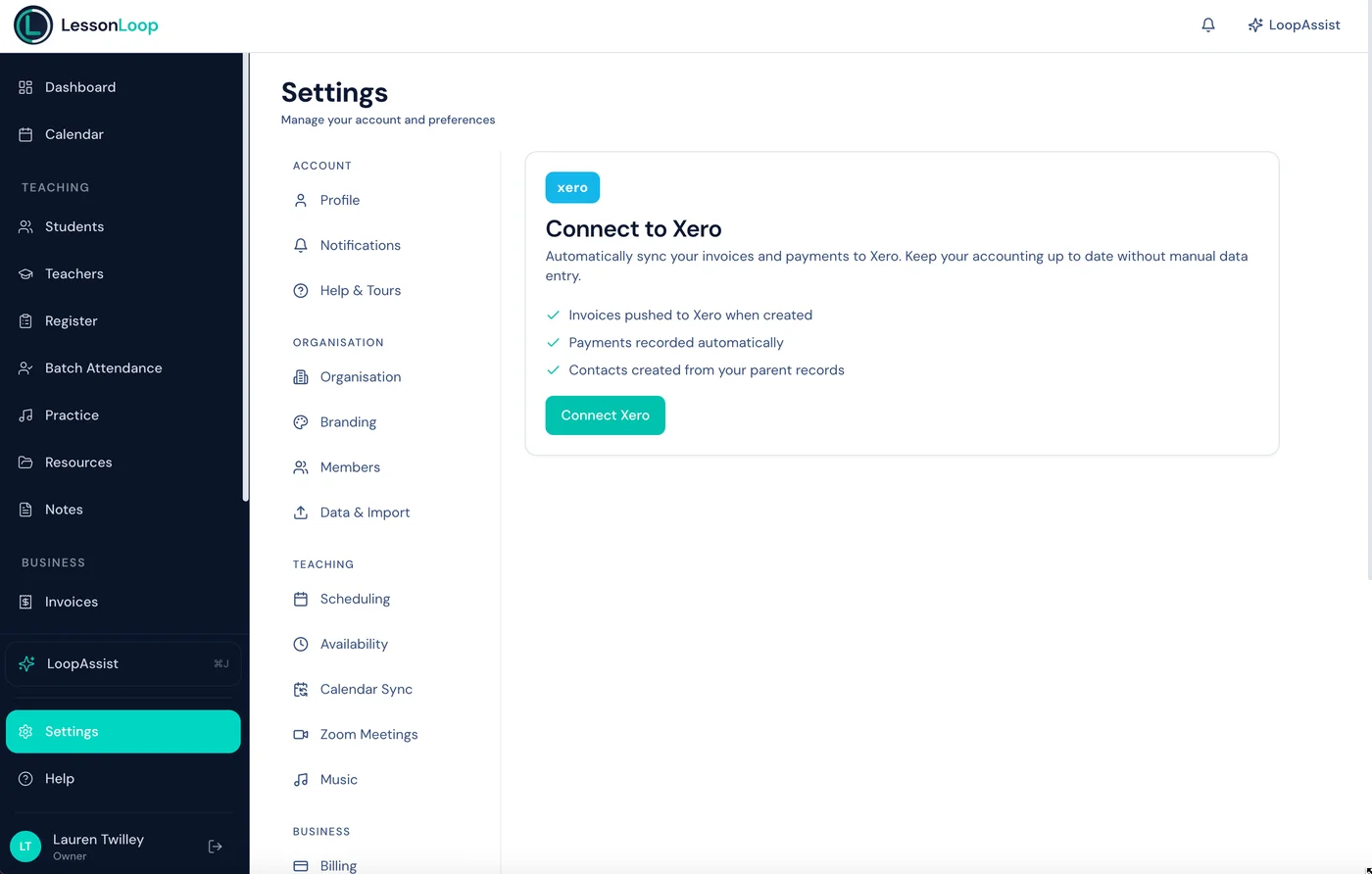 Settings page showing Xero integration with invoice sync and contact sync