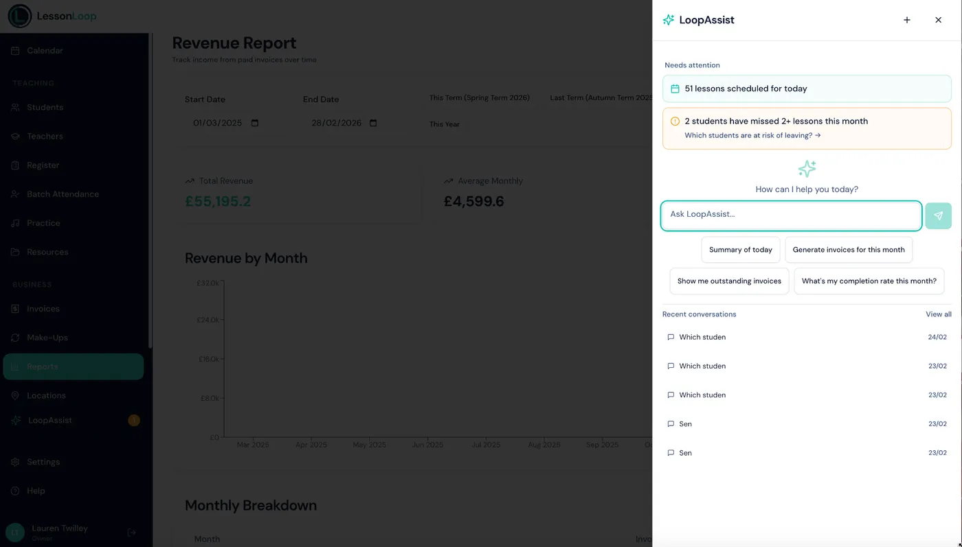 LoopAssist AI assistant interface showing smart suggestions and conversation history