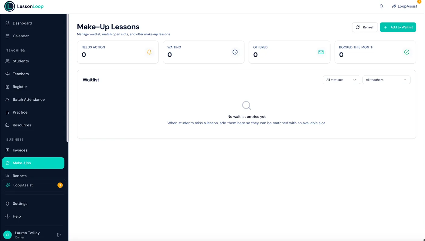 Make-up lesson management with waitlist and credit tracking