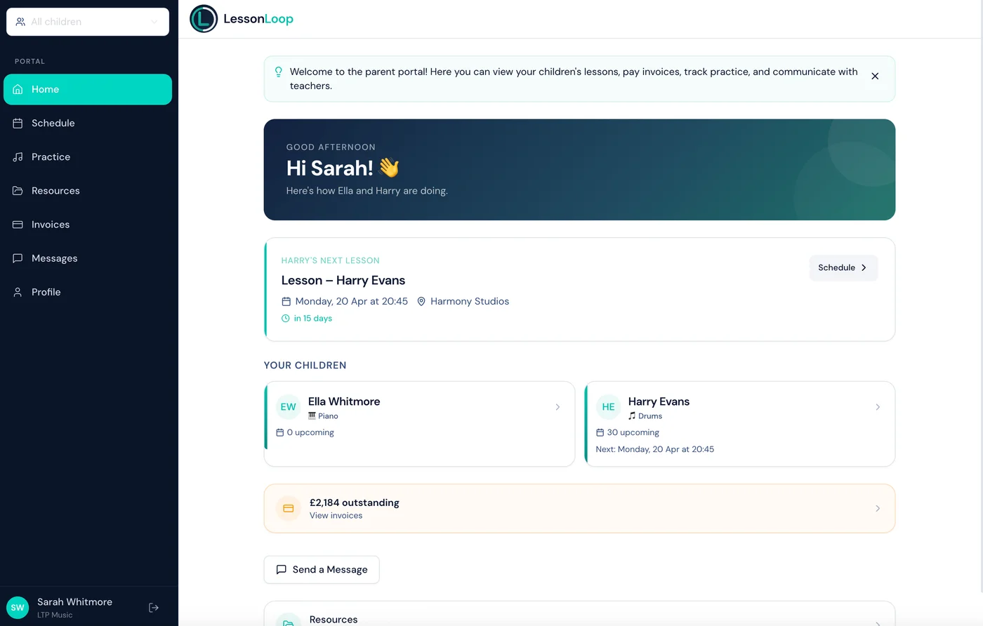 Parent portal home showing welcome message, next lesson, children cards, and outstanding balance