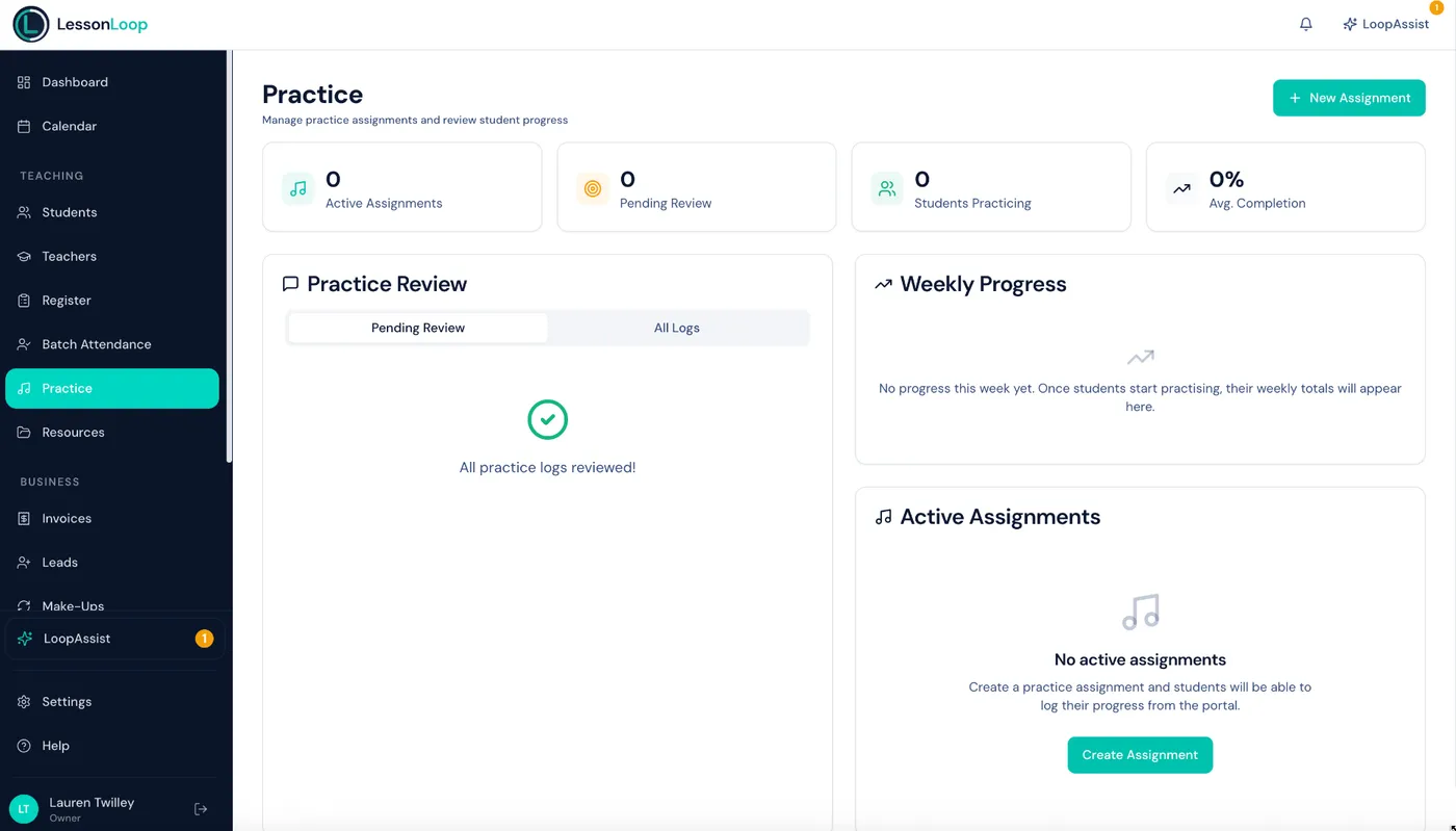 Practice tracking dashboard with assignments, review queue, and weekly progress