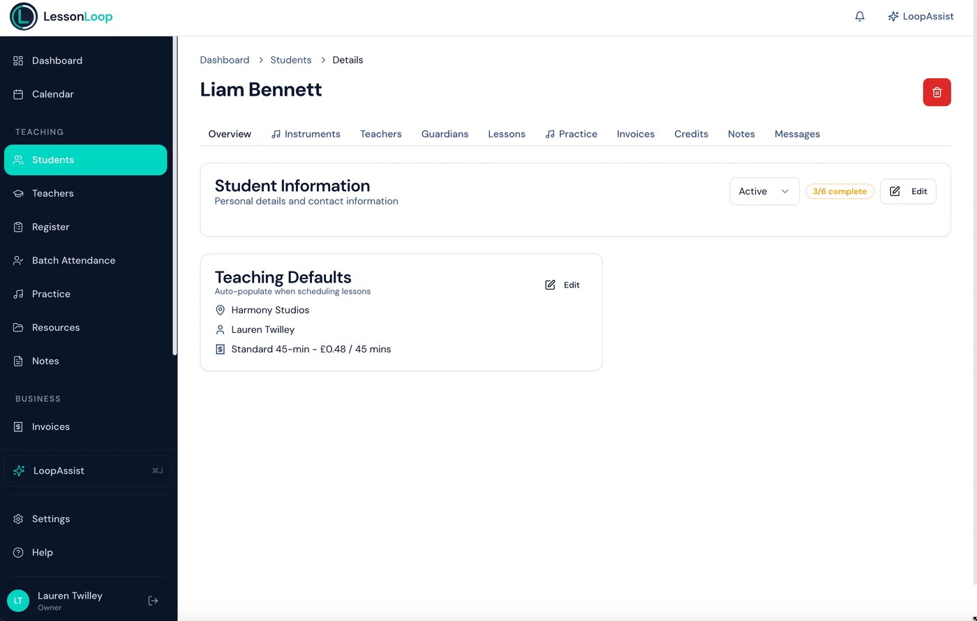 Student detail profile with instruments, teaching defaults, and tabbed navigation