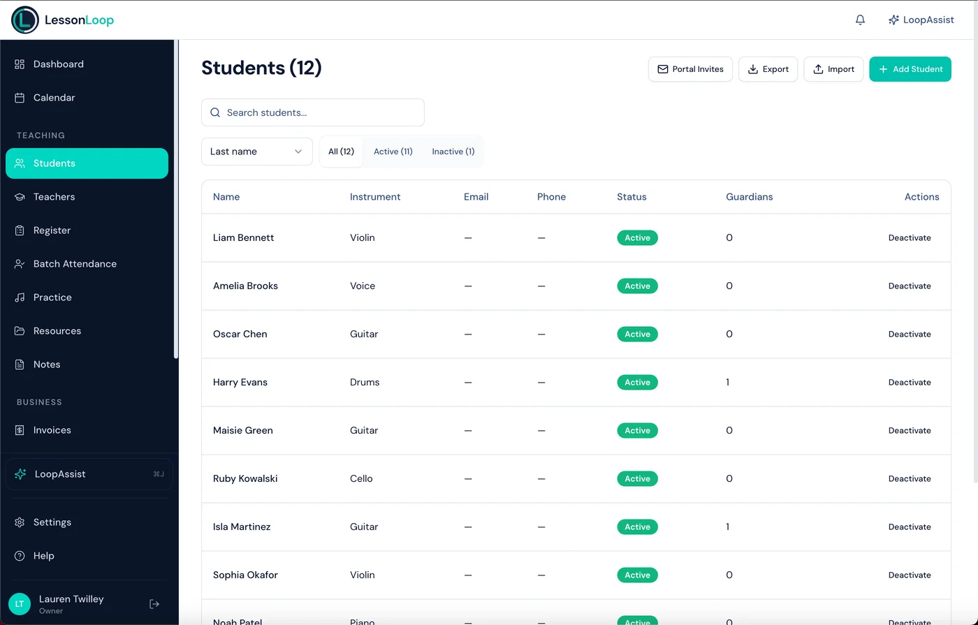 Student list showing 12 students with instruments, status badges, and guardian counts