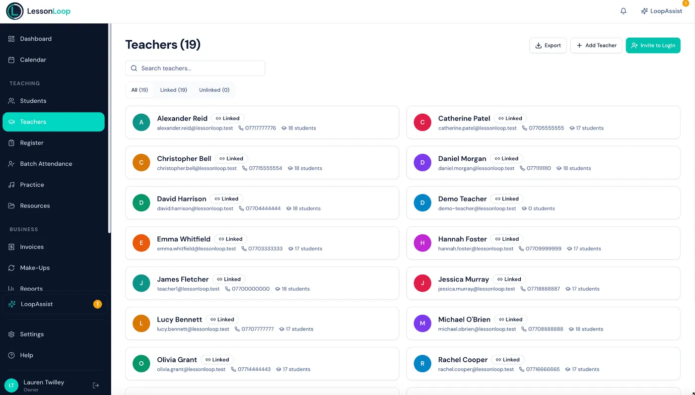 Teachers list showing 19 linked teachers with student counts